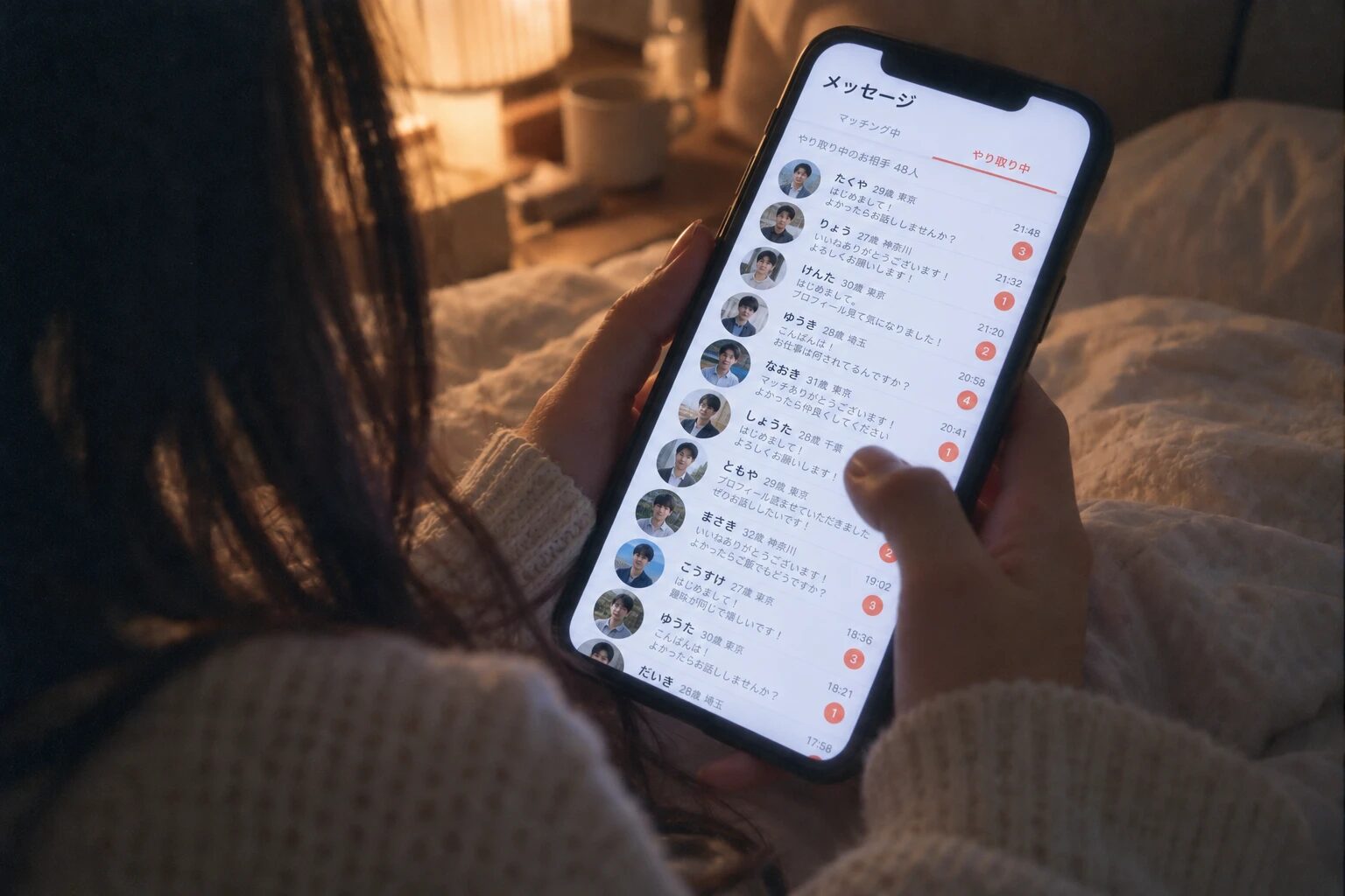 夜の部屋でスマホを見る女性の手元。マッチングアプリのメッセージ画面に、やり取り中の男性48人からのメッセージがずらりと並び、あなたはその中の1人でしかないことを表すイメージ