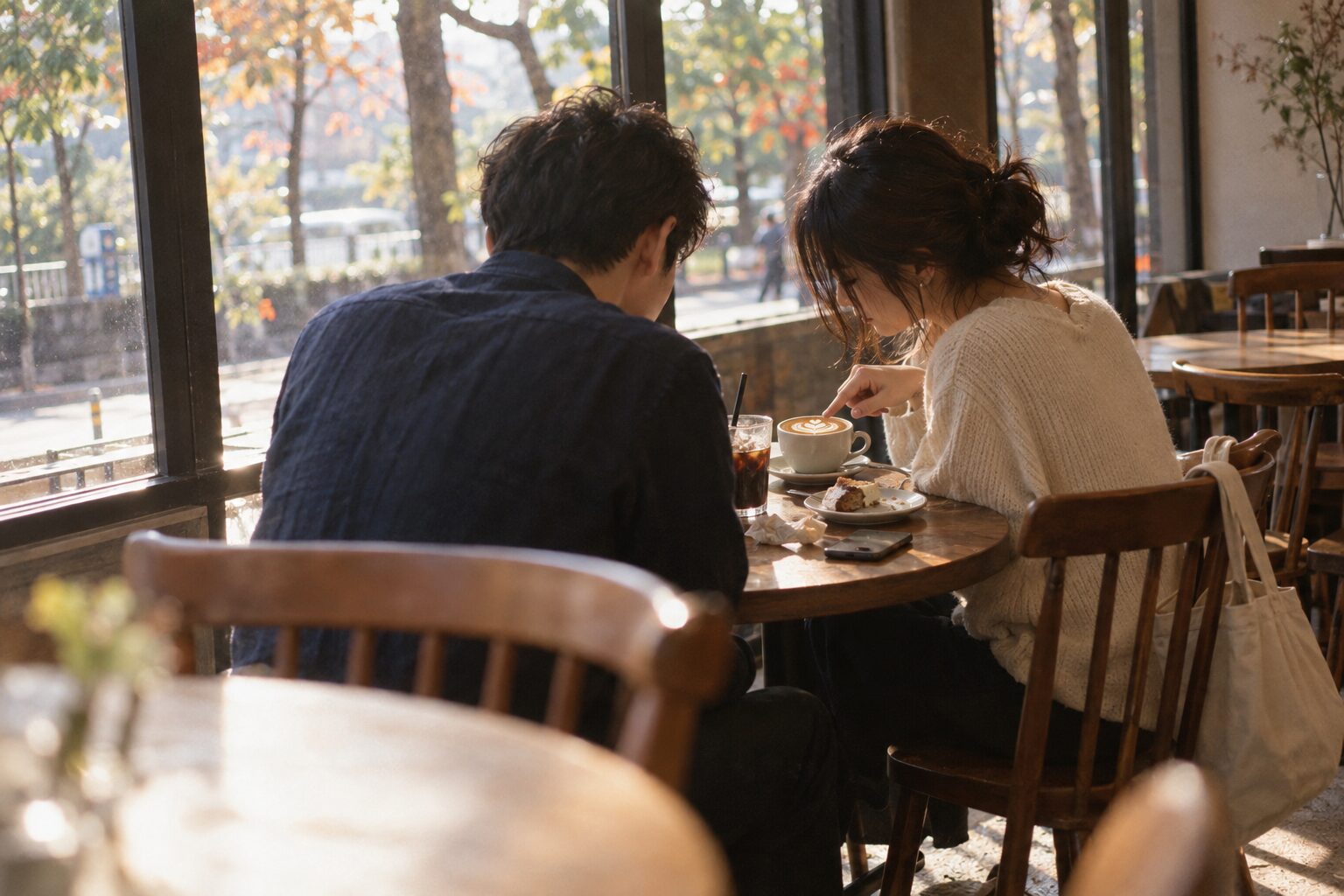 窓際のカフェで、初デートの男女がテーブルのカフェラテのラテアートを一緒に覗き込んでいる後ろ姿。盛り上げようとせず、その場の物を2人で楽しむ会話のイメージ